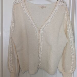 Delicate Lace-Trim Cream V-Neck Cardigan